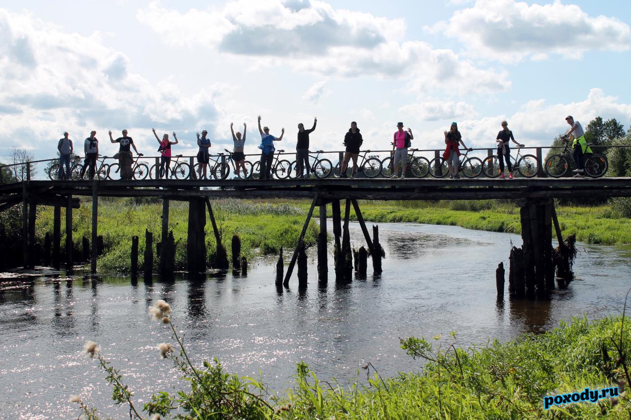 Во время велопохода в Подмосковье группа преодолевает реки по старым деревянным мостам